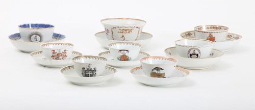 GROUP OF EIGHT CHINESE EXPORT ARMORIAL PORCELAIN TEA BOWLS AND STANDS