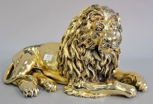 Large Italian sterling and gold-plated recumbent lion, sterling silver ____ with 24k gold plating marked "sterling", ht. 12" lg. 22".