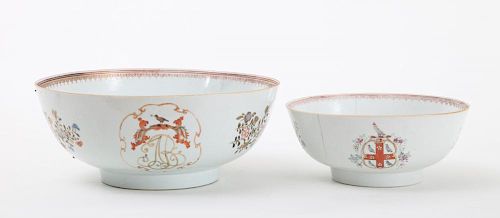 TWO CHINESE EXPORT FAMILLE ROSE MONOGRAMMED PORCELAIN PUNCH BOWL