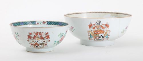 TWO CHINESE EXPORT FAMILLE ROSE ARMORIAL PORCELAIN PUNCH BOWLS