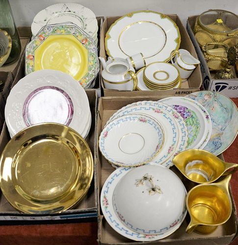 Four tray lots to include sets of plates, four Royal Doulton plates, Limoges France tea set, Minton plates, Hibel plate, etc.