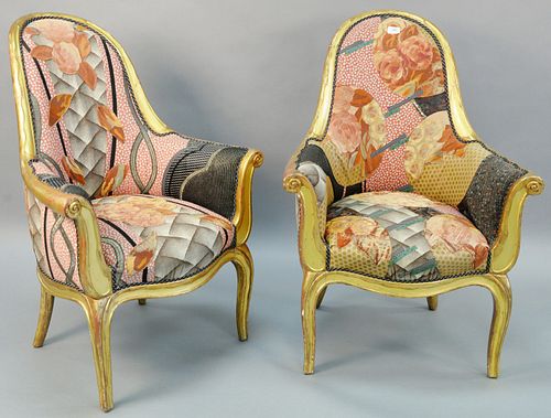 Pair of Sue et More giltwood upholstered armchairs, fabric by Benedictus, being sold with copy of receipt form Macklowe Gallery for $11,500 2/22/88, h