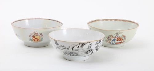TWO CHINESE EXPORT FAMILLE ROSE PORCELAIN ARMORIAL PUNCH BOWLS AND A GRISAILLE DECORATED BOWL