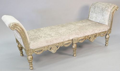 Carved and embossed silver gilt benche, highly carved in Renaissance style with scrolls and swags, with silver faux snake upholstery, ht. 33 1/2", wd.