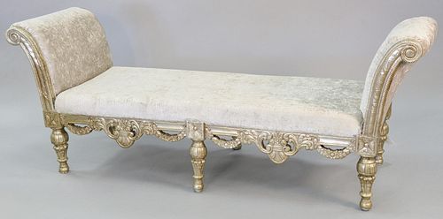 Pair of carved and embossed silver gilt benche, highly carved in Renaissance style with scrolls and swags, with silver faux snake upholstery, ht. 33 1
