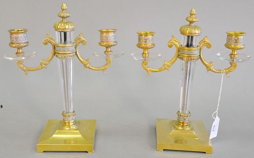 French bronze and glass two-arm candelabra, square base, faceted glass shaft, acorn finial, acanthus/scroll form arms, blue enamel and clear rhineston