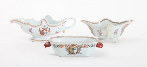 CHINESE EXPORT PORCELAIN SILVER-FORM SAUCE BOAT, ANOTHER GRAVY BOAT AND A SAUCE TUREEN