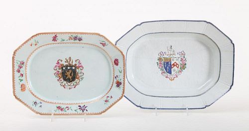 TWO CHINESE EXPORT FAMILLE ROSE ARMORIAL PORCELAIN PLATTERS