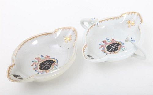 PAIR OF CHINESE EXPORT FAMILLE ROSE ARMORIAL PORCELAIN TWO HANDLED SAUCE BOATS