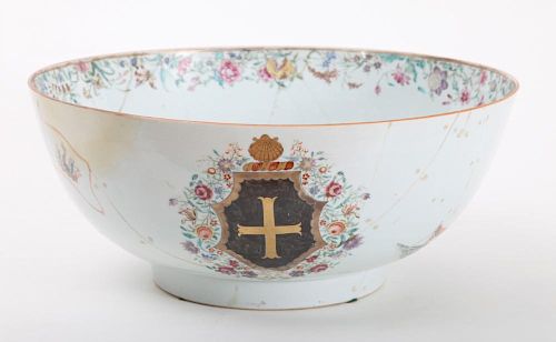 CHINESE EXPORT FAMILLE ROSE ARMORIAL PORCELAIN LARGE PUNCH BOWL