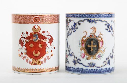 TWO CHINESE EXPORT ARMORIAL PORCELAIN MUGS
