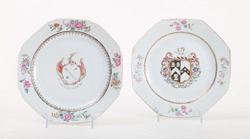 TWO CHINESE EXPORT FAMILLE ROSE ARMORIAL PORCELAIN OCTAGONAL PLATES