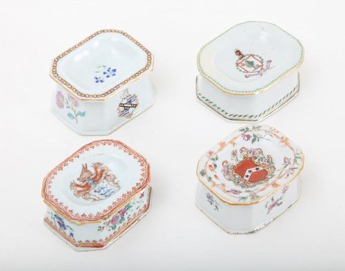 FOUR CHINESE EXPORT FAMILLE ROSE ARMORIAL PORCELAIN SALTS