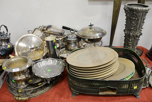 Large group of silver plate and metals, trays, vases, serving pieces, etc.