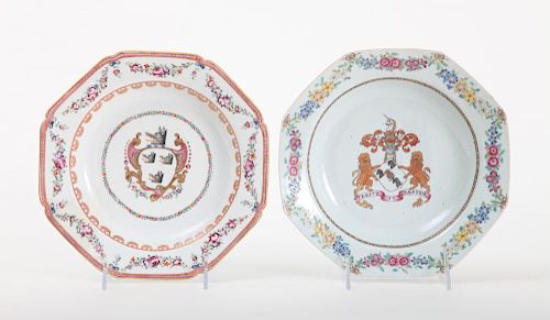 TWO CHINESE FAMILLE ROSE EXPORT ARMORIAL PORCELAIN OCTAGONAL SOUP PLATES