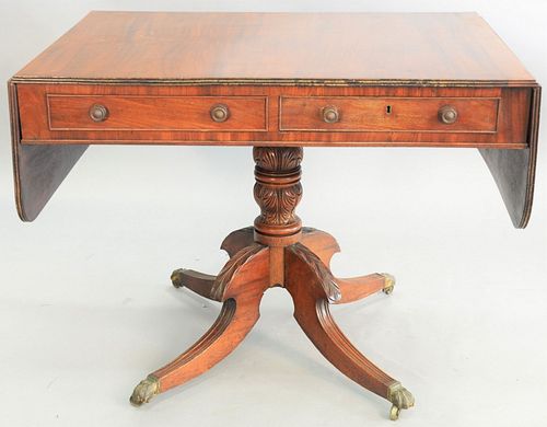 George IV mahogany sofa table, c. 1820 with drop leaves, drawer on either side, on pedestal base, ht. 28", wd. 36 1/2", dp. 26".