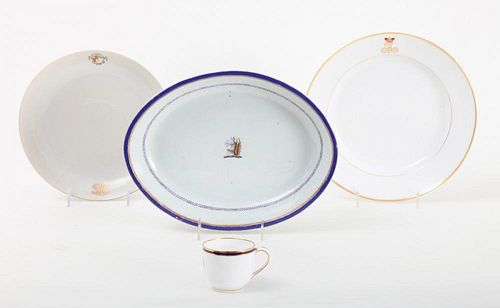 NICHOLAS II CRUSTED PORCELAIN SOUP PLATE AND TWO CHINESE EXPORT PORCELAIN BOWLS AND A SPODE ARMORIAL CUP