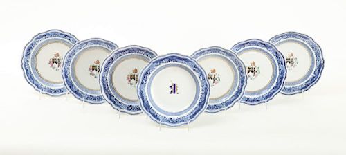 SET OF SIX CHINESE EXPORT ARMORIAL PORCELAIN SOUP PLATES IN THE BLUE FITZHUGH PATTERN AND A SINGLE PLATE