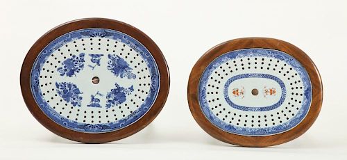 TWO CHINESE EXPORT ARMORIAL PORCELAIN MEAT DISH STRAINERS, IN THE BLUE FITZHUGH" PATTERN"