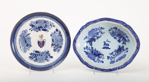 CHINESE EXPORT ARMORIAL PORCELAIN PLATE AND VEGETABLE DISH, LACKING COVER, IN THE BLUE FITZHUGH PATTERN