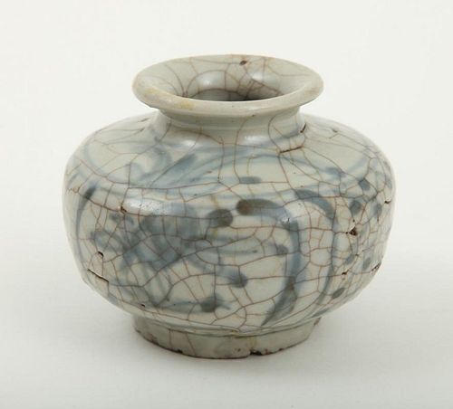 CHINESE BLUE AND WHITE CRACKLE-GLAZED LOW VASE