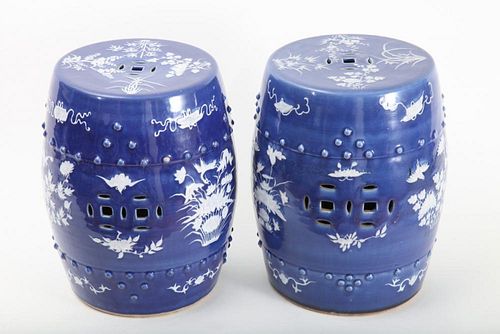 PAIR OF MODERN CHINESE BLUE-GROUND POTTERY BARREL-FORM GARDEN SEATS