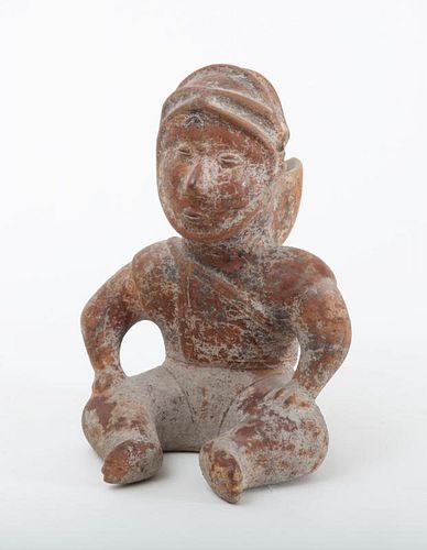 COLIMA TYPE POTTERY SEATED MALE FIGURAL VESSEL