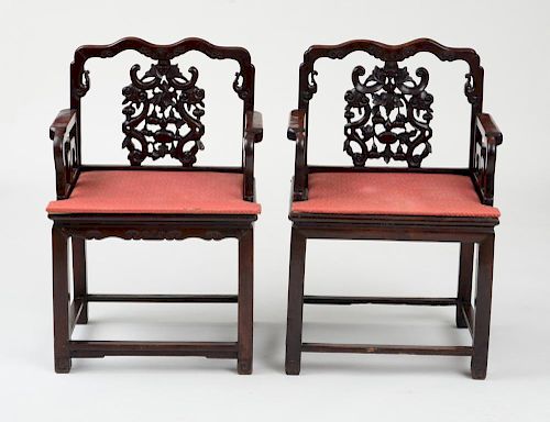 PAIR OF CHINESE CARVED HARDWOOD ARMCHAIRS