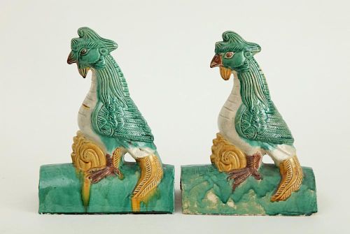 PAIR OF MODERN CHINESE GLAZED POTTERY COCK-FORM ROOF TILES