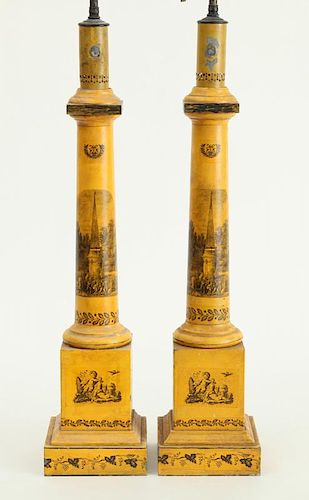 PAIR OF FRENCH YELLOW-GROUND TÔLE-PEINTE COLUMN-FORM OIL" LAMPS"