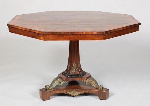 REGENCY BRASS-MOUNTED CALAMANDER AND WALNUT INLAID CENTER TABLE