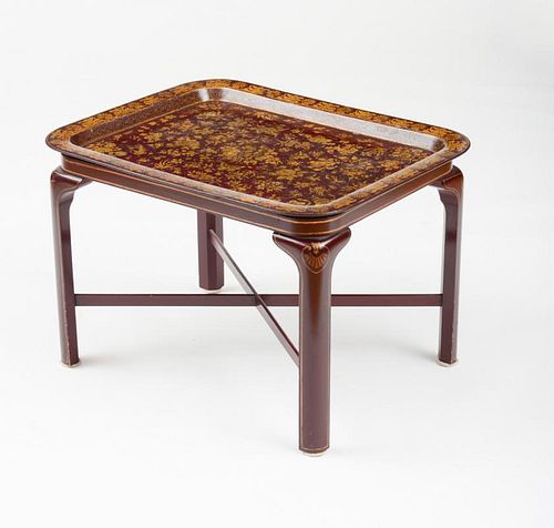LATE REGENCY MAROON AND STENCIL-GILT PAPIER MACHÉ TRAY ON LATER STAND