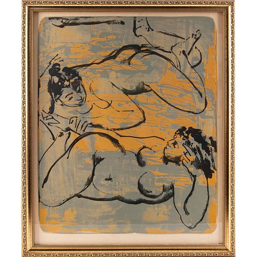 UNIQUE LITHOGRAPH OF TWO RUBENESQUE NUDE LADIES