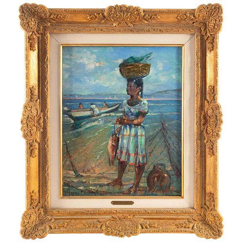 PAINTING OF FISHERWOMAN BY THE SEASHORE
