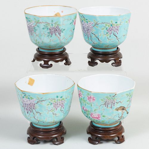 Set of Four Chinese Turquoise Glaze Porcelain Guangxu Type Cups with Bird and Wisteria Design