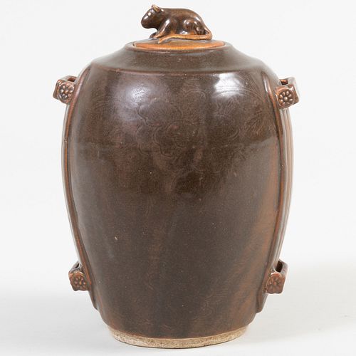Chinese Brown Glazed Porcelain Vessel with Rat Form Finial