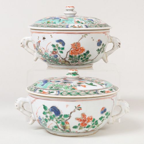 Pair of Chinese Export Famille Verte Porcelain Two Handled Ecuelles and Covers