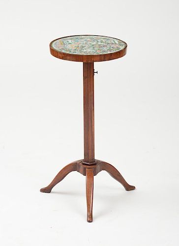 DIRECTOIRE WALNUT TRIPOD CANDLESTAND WITH CHINESE FAMILLE VERTE PORCELAIN TOP