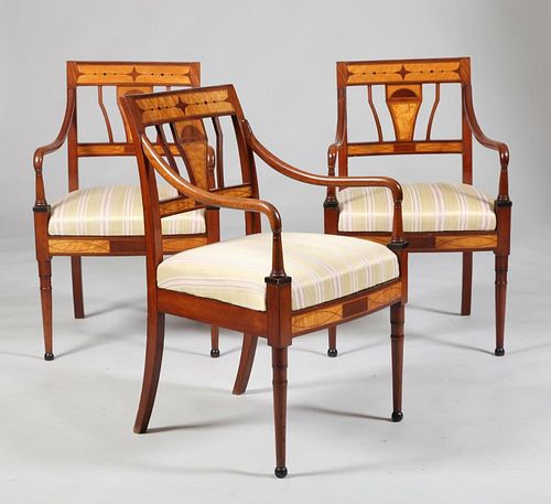 SUITE OF SWEDISH NEOCLASSICAL MAHOGANY, FRUITWOOD PARQUETRY SEAT FURNITURE