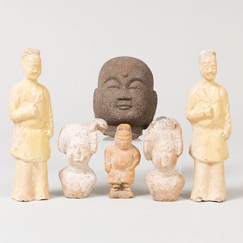 Group of Chinese Pottery Figures and a Carved Stone Head Fragment of Buddha