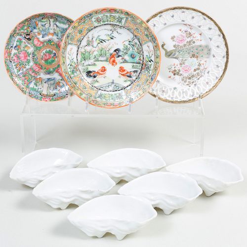 Three Chinese Export Porcelain Saucers and a Set of Six White Porcelain Oyster Dishes
