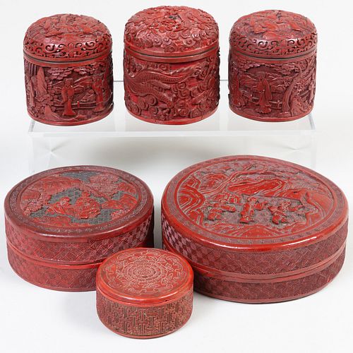 Group of Six Chinese Cinnabar Boxes