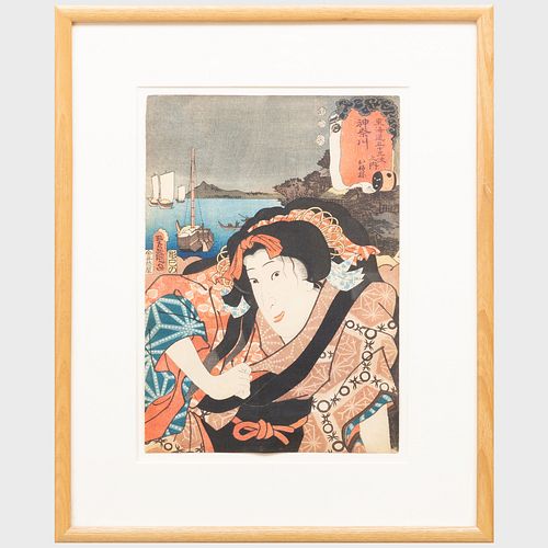 Utagawa Kunisada (1786-1864): The Actor Iwai Hanshiro VIII as Ofune, Kanagawa Station
