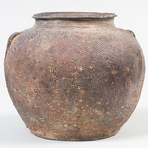 Chinese Woodfired Pottery Jar with Impressed Decoration