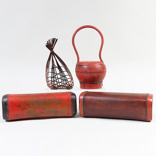 Chinese Red Lacquer Basket and a Pair of Lacquer Pillows