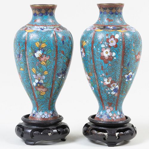 Pair of Chinese Blue Ground CloisonnÃ© Vases