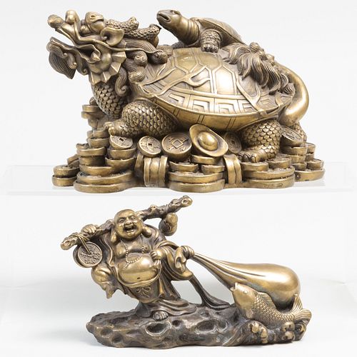 Chinese Bronze Turtle Emblematic of the North and a Chinese Bronze Figure of Buddha with a Golden Bag of Treasures