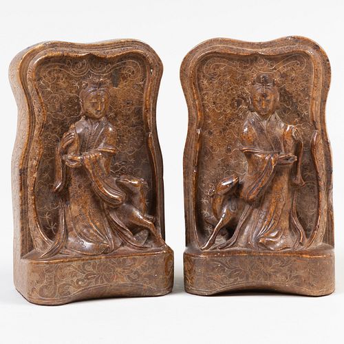 Pair of Chinese Carved Soapstone Book Ends Carved with Guanyin