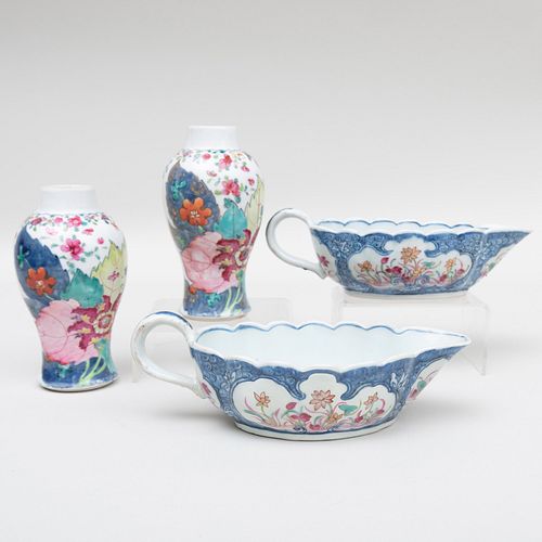 Pair of Chinese Export Porcelain Blue Ground Sauce Boats and a Pair of Miniature 'Tobacco Leaf' Pattern Vases