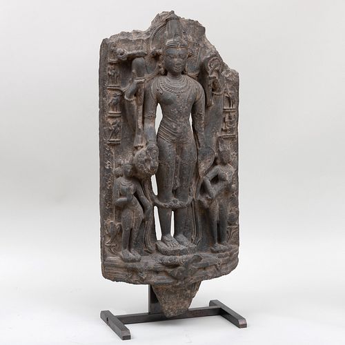 Indian Pala Style Black Stone Stele of Vishnu and Consorts, Eastern India, Bengal Region